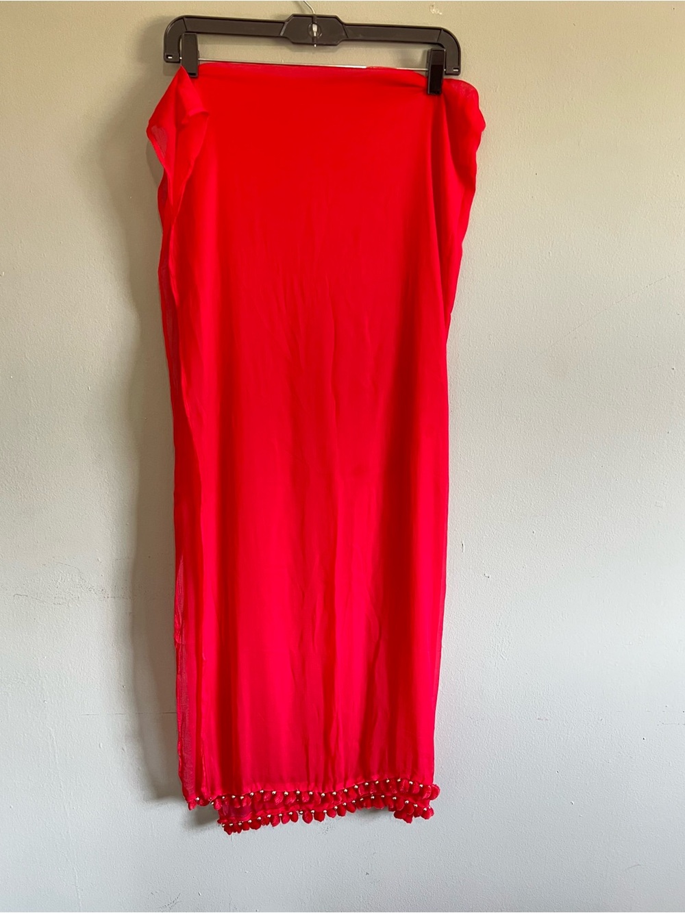 Bright Red Dupatta with Pom-Pom Hem